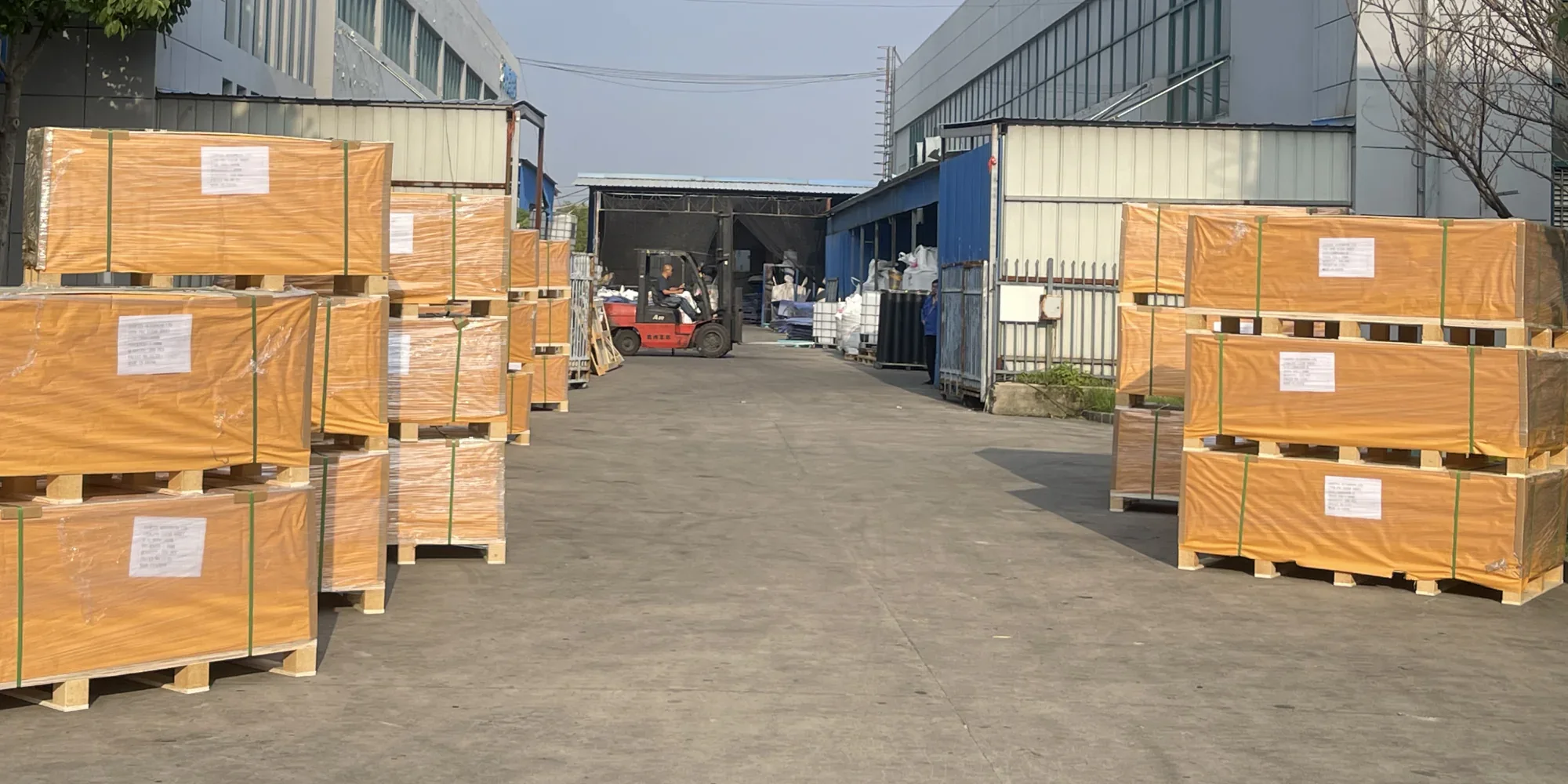 Plywood-cased pallets of template materials ready for export at our Changzhou facility