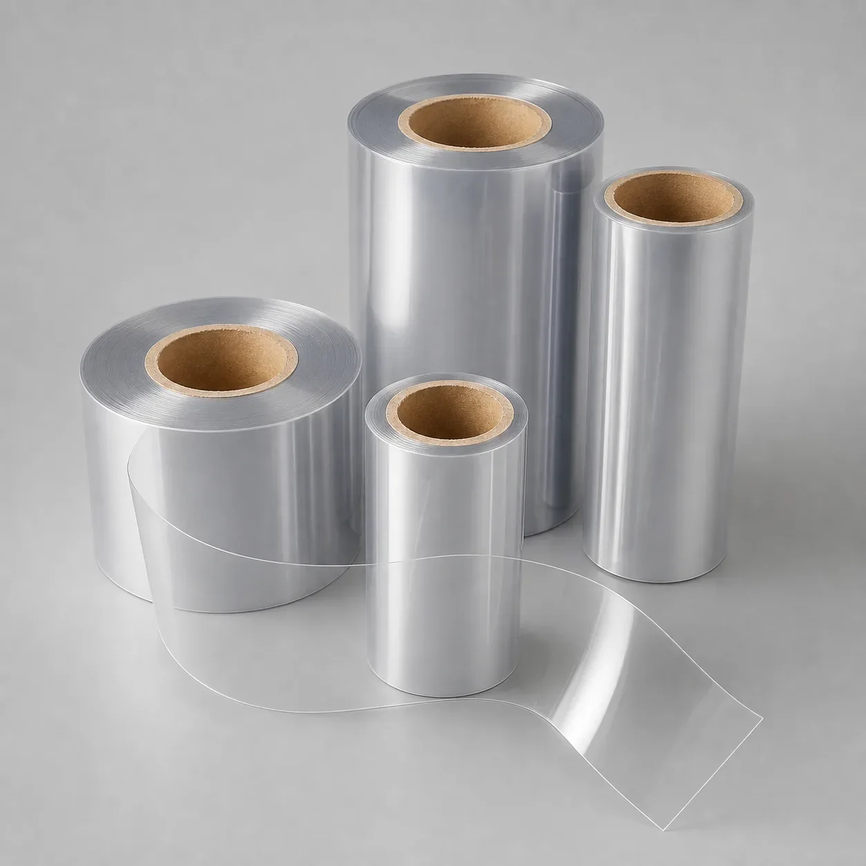 Clear rigid PET film rolls for converting into shirt collar packaging supports