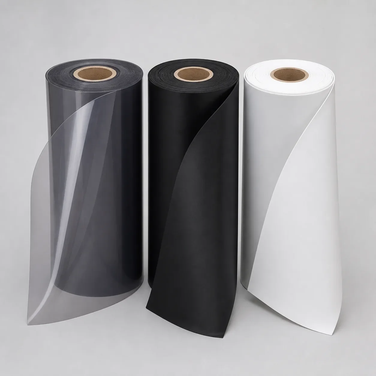 Unbranded industrial PVC sheet rolls in clear, black and white material options