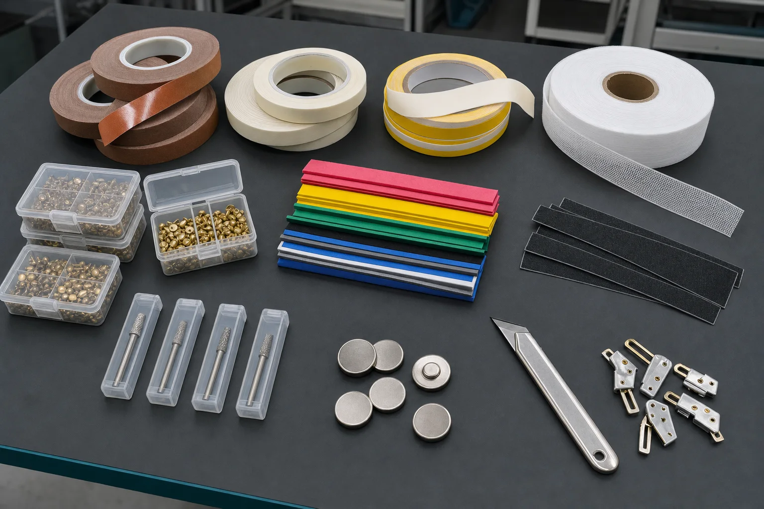 Garment template tapes, pins, foam strips, grip strips, router bits, magnets and quick clips